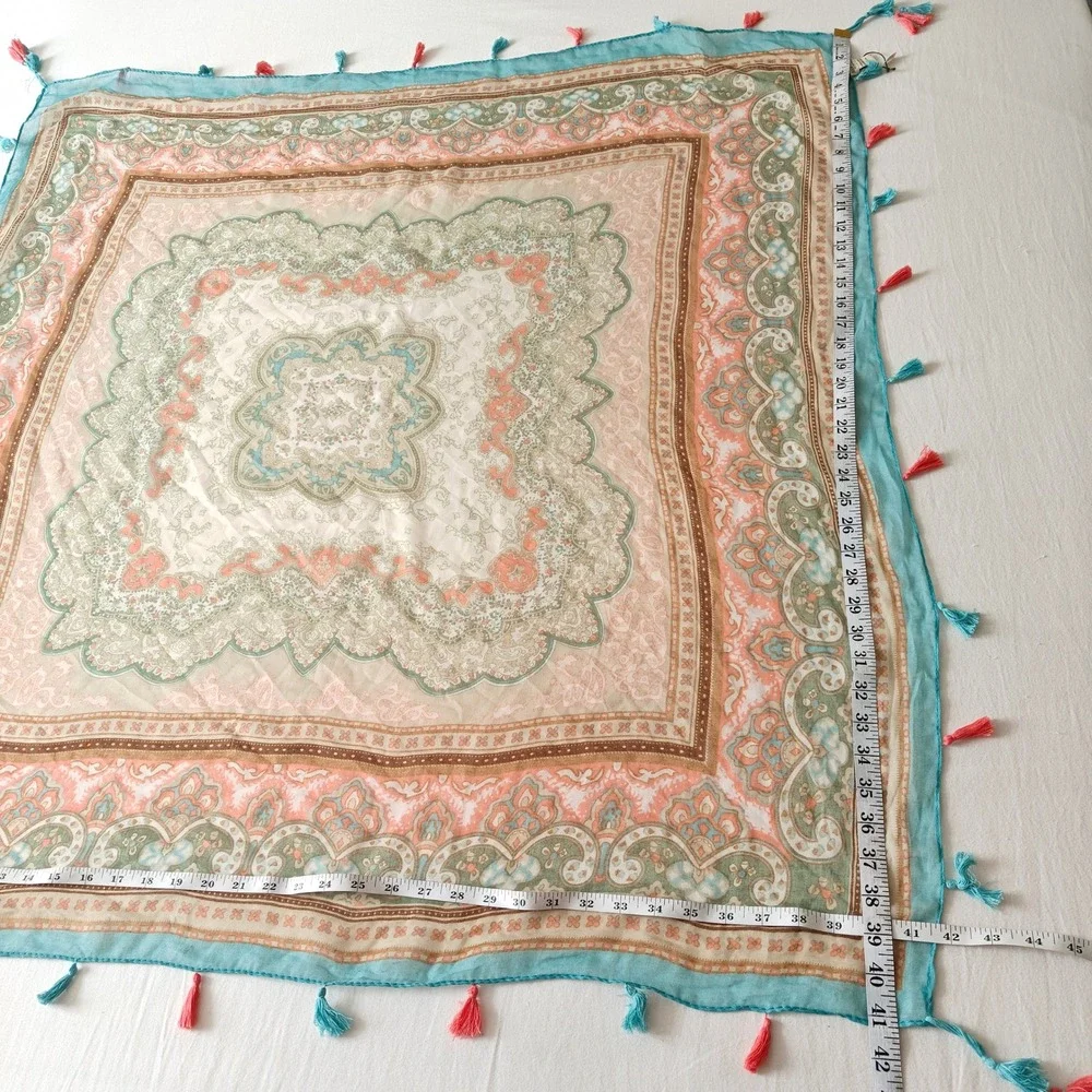 Spun by Subtle Luxury Teal Salmon Pink Paisley Tassel Square Scarf Bohemian